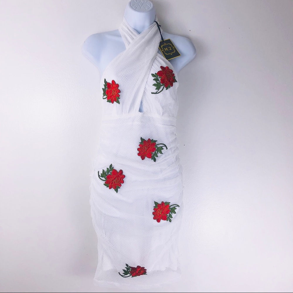 White Rose patch Ruched Dress